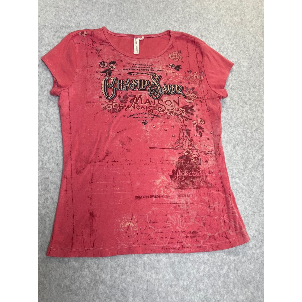 Susan Lawrence Y2K Vintage Graphic Tee Pink French Script Champsaur Cotton Small